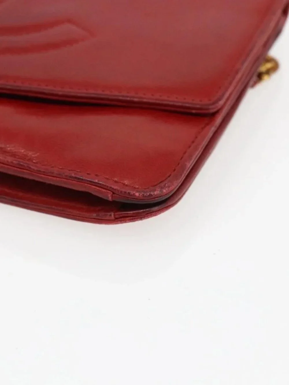 CHANEL Long Wallet Grained Calf Skin Red Gold CC Auth 166826